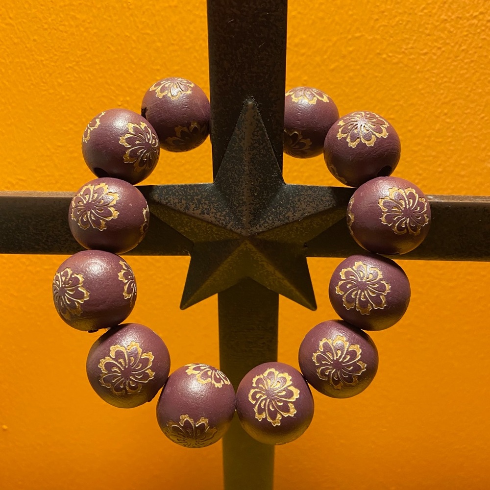 Bracelet Wooden Burgundy with Gold Flowers
